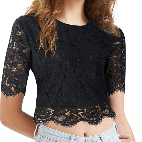 Oyamiki Short Sleeve Black Lace Crew Neck Blouse Top Size Large Romantic Boho L - Picture 8 of 14